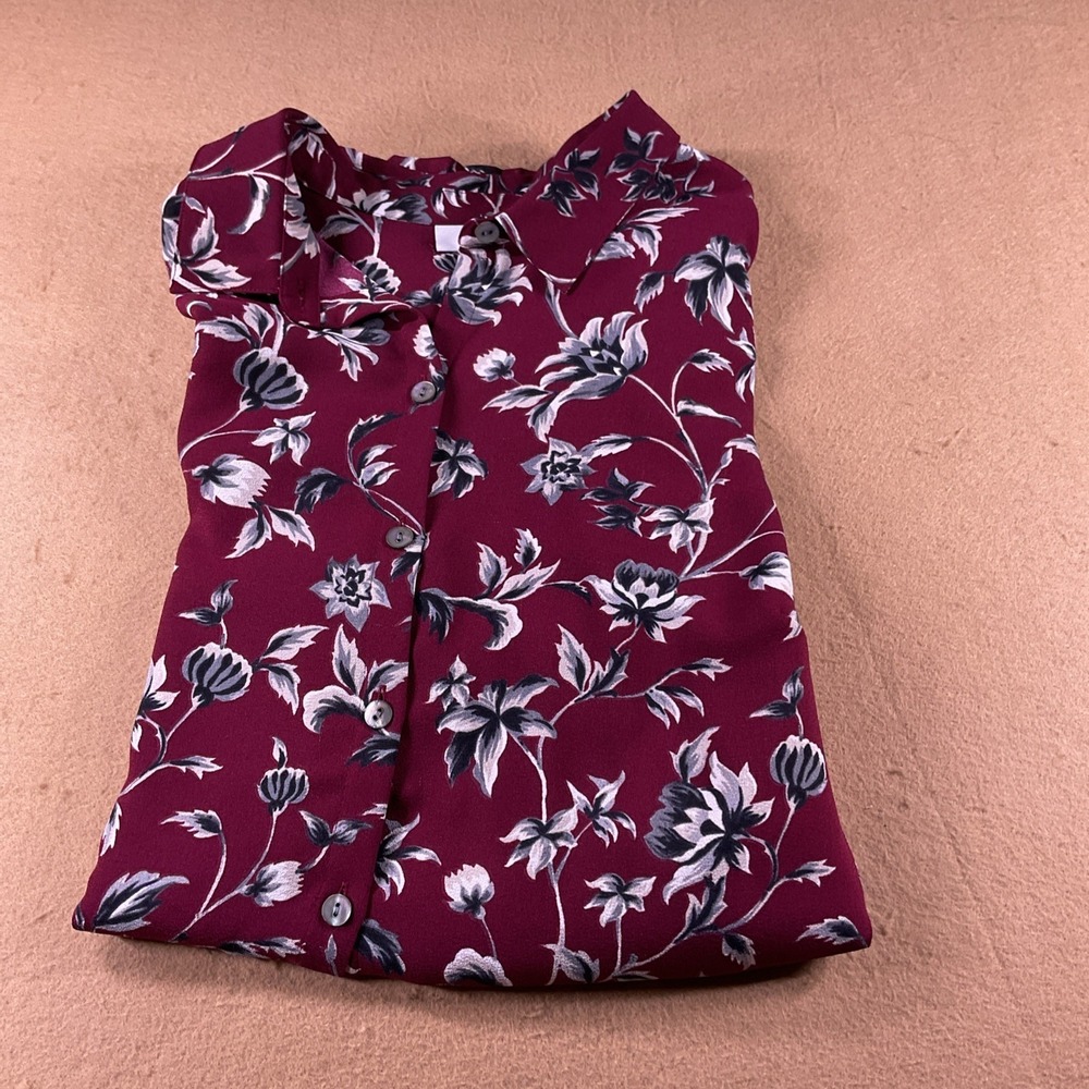 J. Jill Burgundy Floral Button Down Tunic Blouse Womens Medium Long Sleeve Shirt - Picture 11 of 12